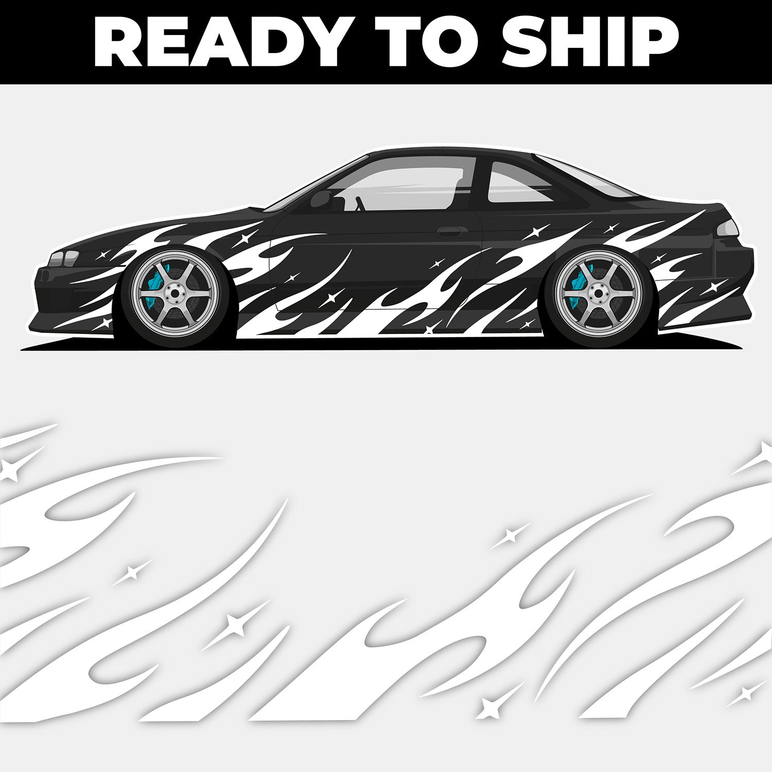 Car with Blossom white flame livery design on a white background, labeled 'Ready to Ship'.