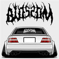 Illustration of a white sports car from the rear, featuring wide tires and cambered wheels. The Blossom Skate Logo - XL Rear Window Die-Cut Sticker by Blossom Automotive appears in a bold black font above and on the car's rear window.