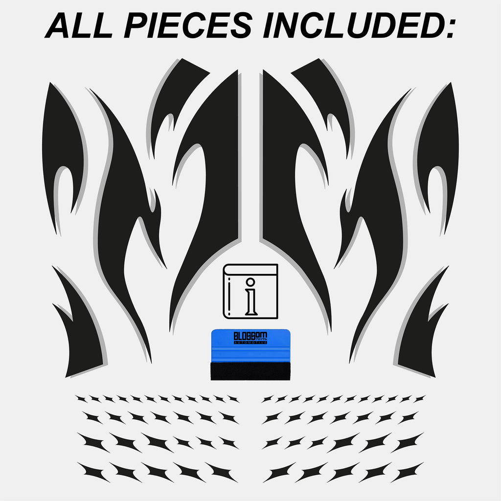 Blossom Automotive's DIY 'Zoku Style' Tribal Universal Customisable Livery kit shows black tribal decals, a blue squeegee tool, and arrow-shaped stickers, with “ALL PIECES INCLUDED” written above on a light background.
