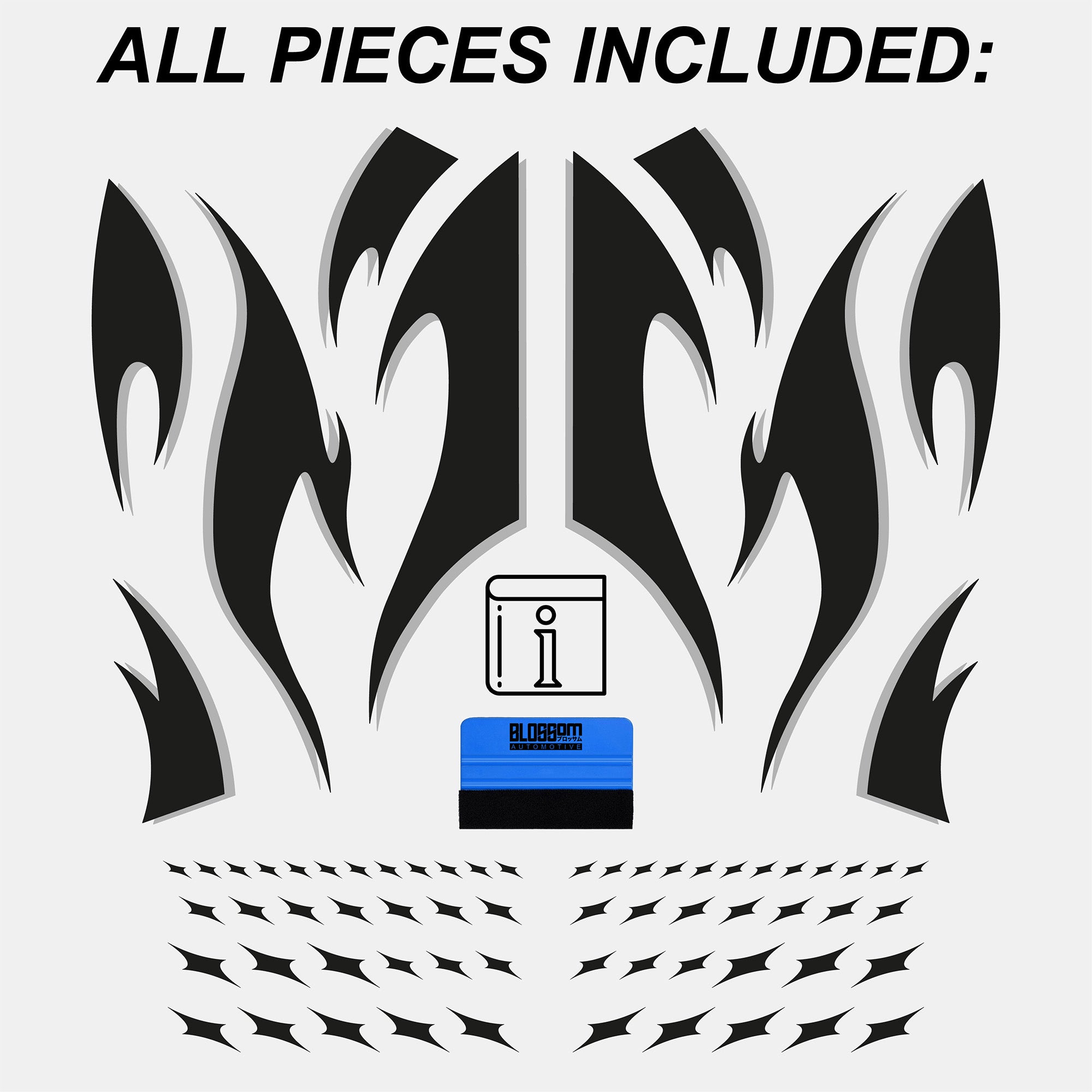 Blossom Automotive's DIY 'Zoku Style' Tribal Universal Customisable Livery kit shows black tribal decals, a blue squeegee tool, and arrow-shaped stickers, with “ALL PIECES INCLUDED” written above on a light background.