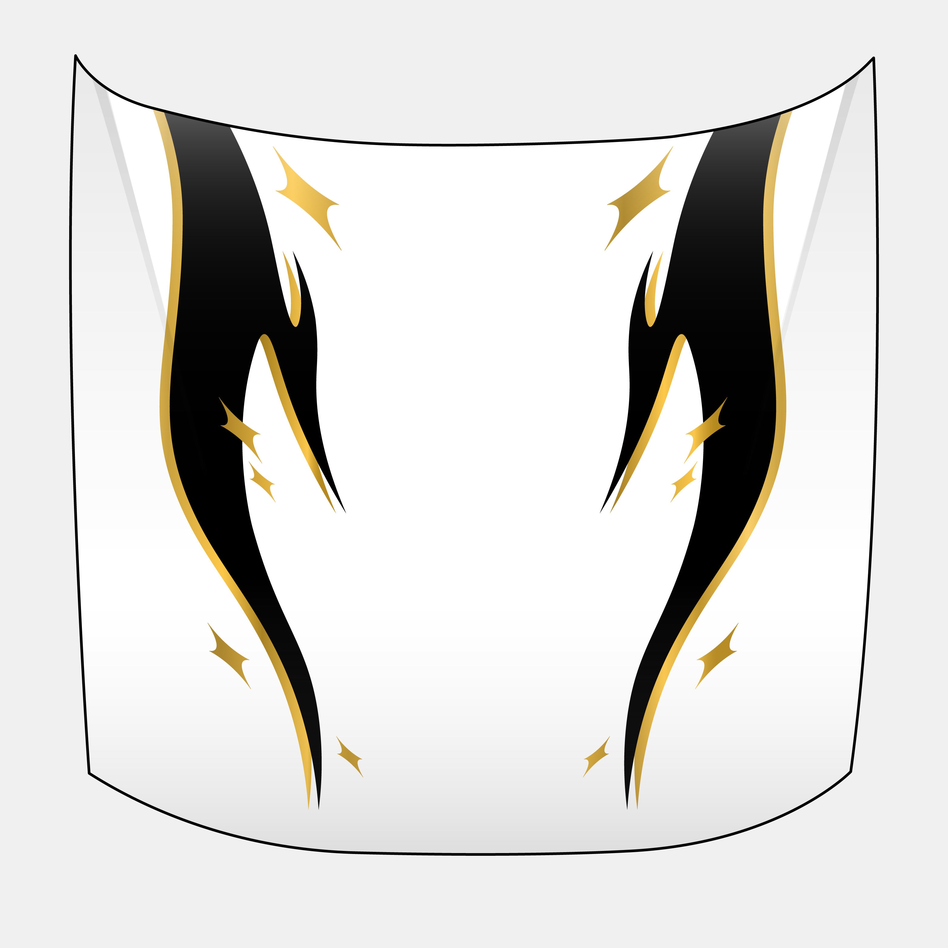 The Blossom Automotive DIY 'Zoku Style' Tribal Universal Customisable Hood Decals feature black and gold jagged flames running vertically on a white hood, accented with scattered small gold star shapes.