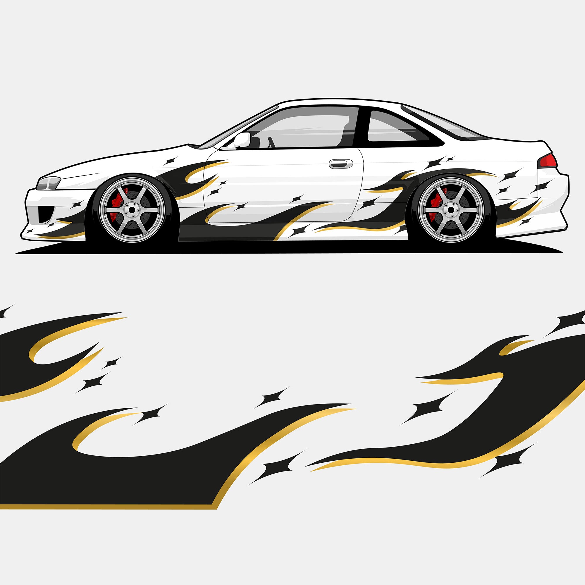 A white sports car features Blossom Automotive’s DIY 'Zoku Style' Tribal Universal CUSTOMISABLE Livery in black, gold, and white. Red calipers are visible through silver rims. A close-up of the flame decal appears below the car.