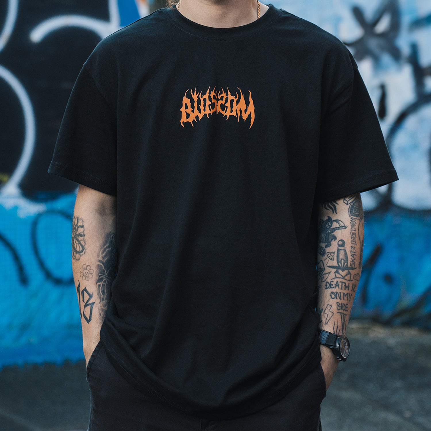 Front print of Blossom Skate Collection black tee, featuring Lexus IS200 graphic, oversized fit, inspired by skate and drift culture