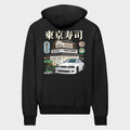 Blossom Automotive's Tokyo Sushi Collection Oversized Hoodie in black showcases a Japanese sushi restaurant scene with a white car, bilingual signage, cherry blossom details, and bold Japanese text above.