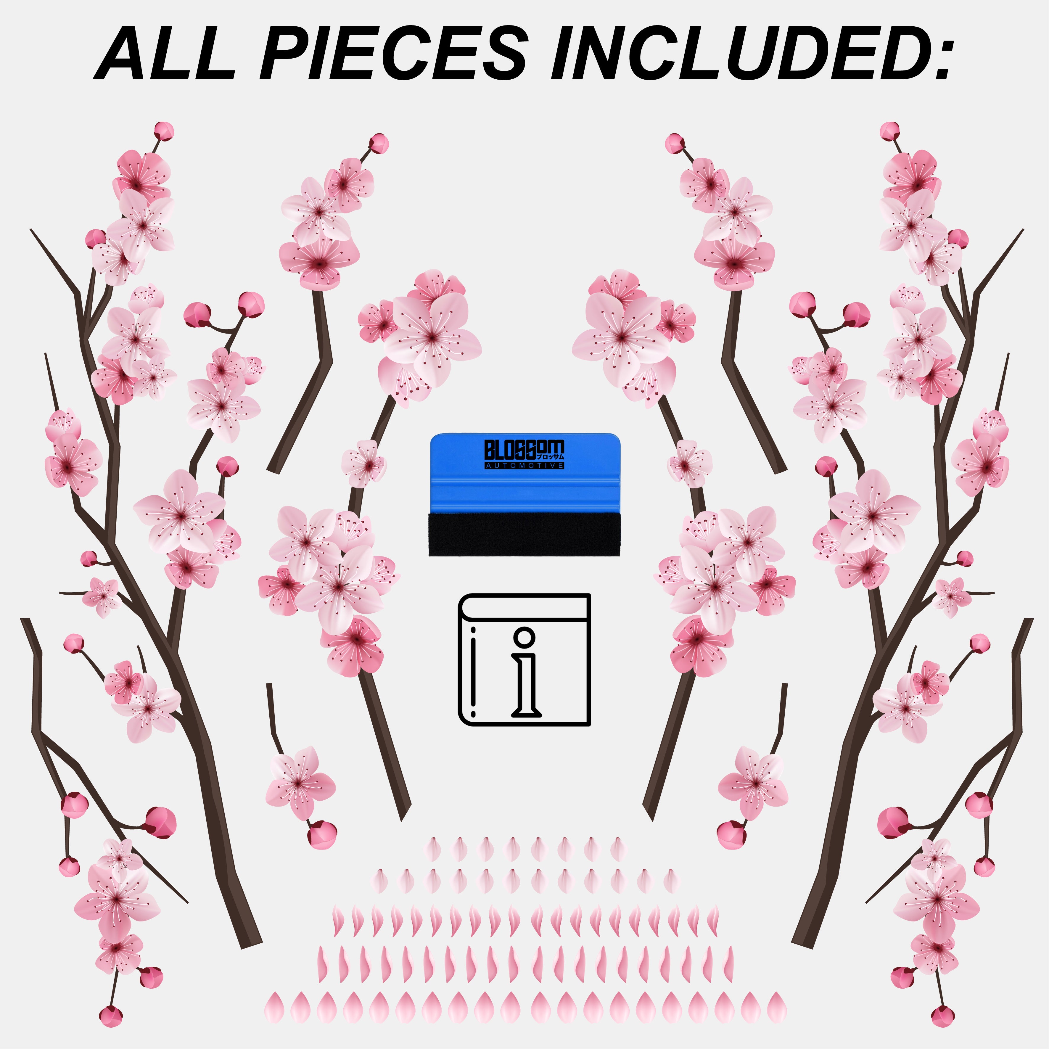 The DIY Pink Cherry Blossoms - Printed Livery by Blossom Automotive includes branch and flower pieces, a blue applicator tool, and an instruction sheet on a light background with "ALL PIECES INCLUDED" at the top.