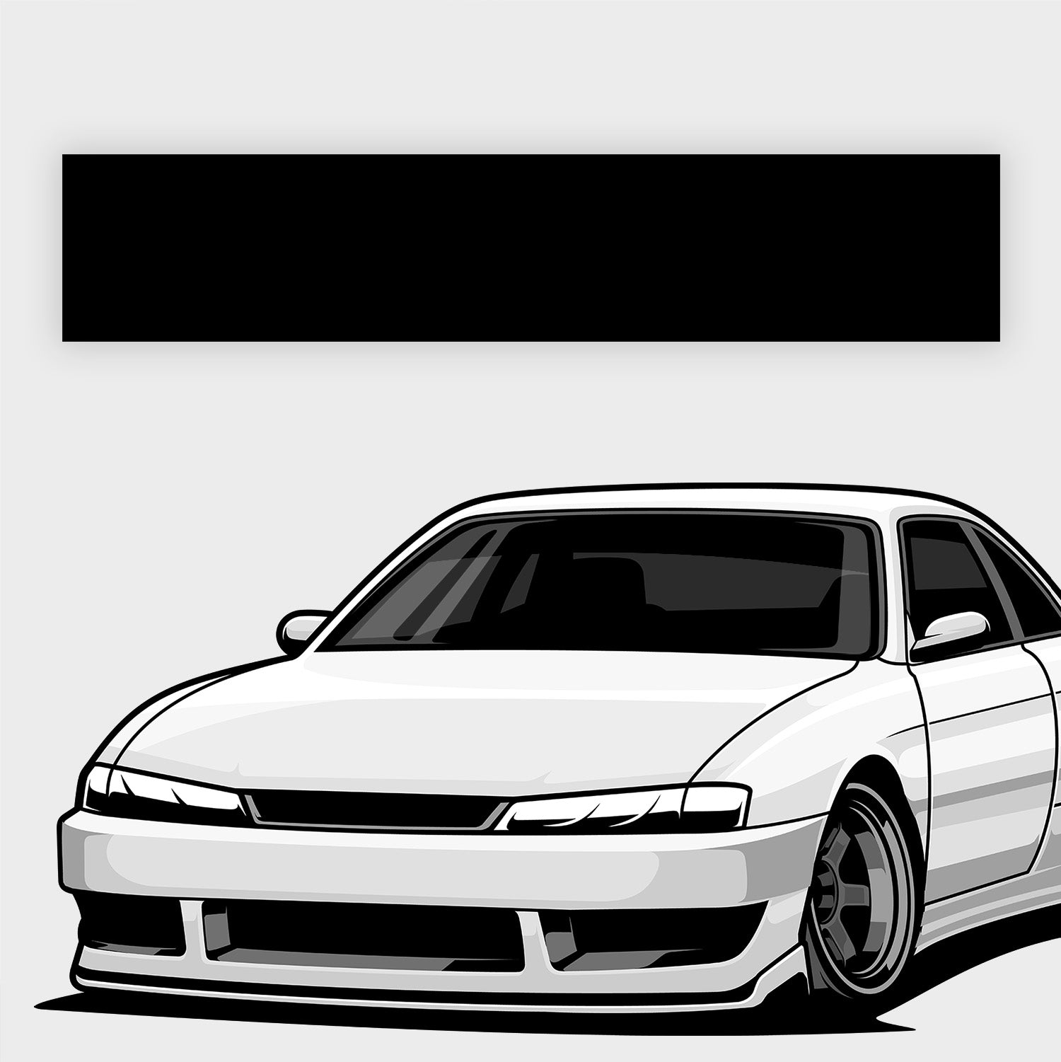 A black and white illustration of a sporty, lowered coupe with tinted windows, viewed from the front right. Above is a large Blossom Automotive Plain Black Sunstrip (Gloss/Matt) on a light gray background.