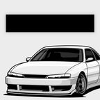 A black and white illustration of a sporty, lowered coupe with tinted windows, viewed from the front right. Above is a large Blossom Automotive Plain Black Sunstrip (Gloss/Matt) on a light gray background.