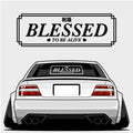 A white car with wide tires displays the Blossom Automotive "Blessed - XL Rear Window Die-Cut Sticker" featuring "Blessed to be alive" and Japanese characters on the rear window, with the same text shown large above.