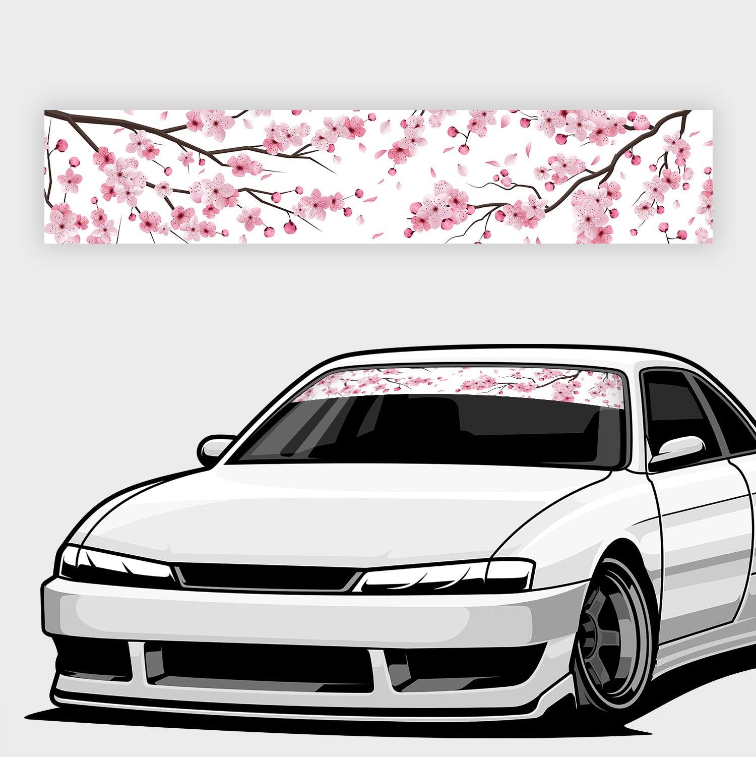 Illustration of a white car with the Blossom Automotive Blossom Printed Sunstrip (Gloss) - White, featuring a pink cherry blossom design. A close-up of the floral pattern appears above the car.