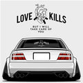 Blossom Automotive’s Love Kills - XL Rear Window Die-Cut Sticker features a white sports car seen from behind, with an anatomical heart pierced by two knives and “LOVE KILLS” above. The rear window displays the same heart and text.