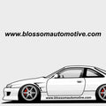 Side view illustration of a white sports car with black wheels and tinted windows, featuring "www.blossomautomotive.com" above and along the side. Light gray background. Blossom Automotive Blossom URL - XL Die-Cut Sticker (x1).